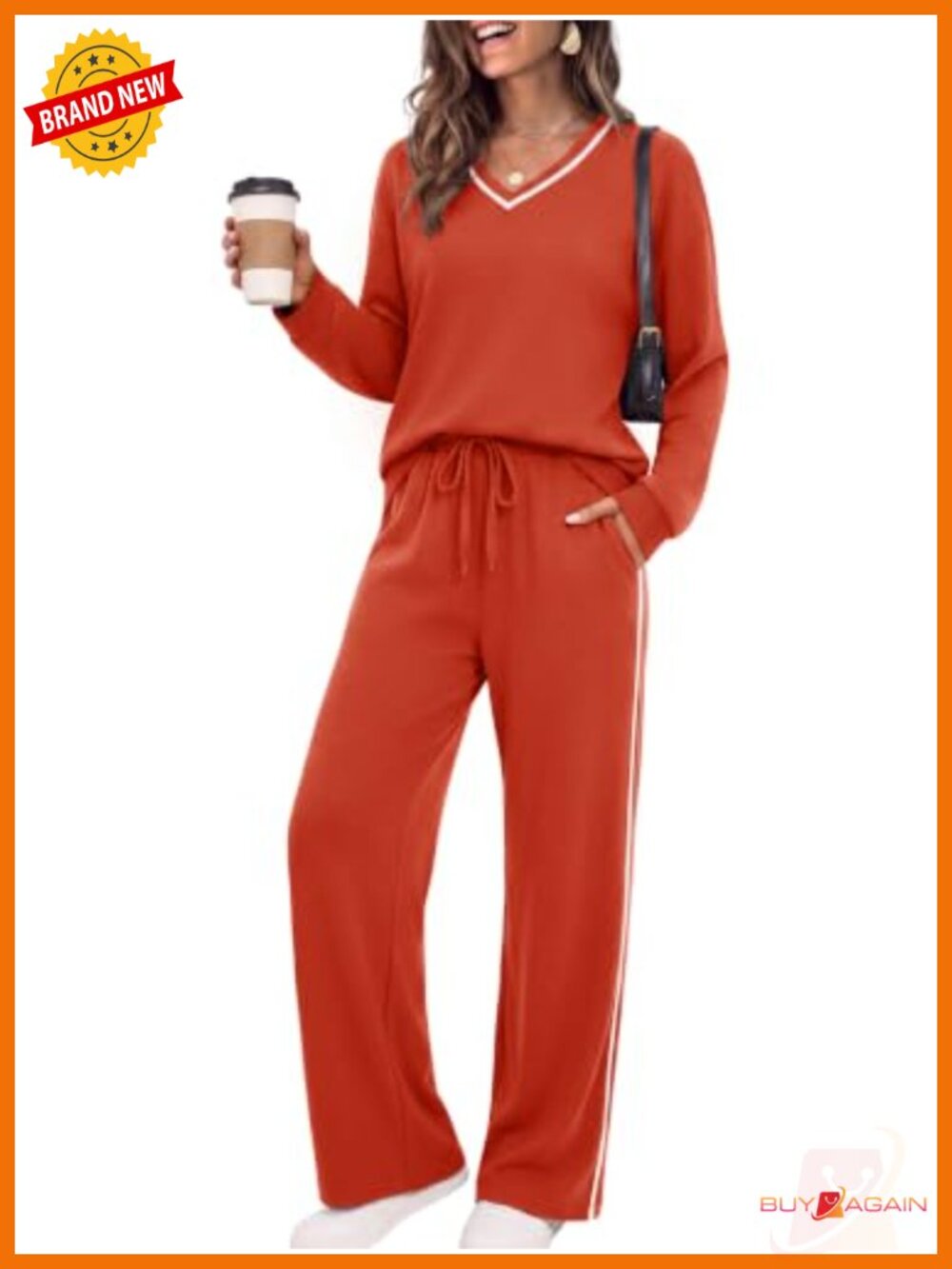 Women's 2 Piece Lounge Set Striped Sweatsuit V Neck Drawstring Wide Leg Pants